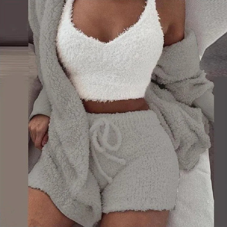 Women’s Fluffy Pajama Set – 3 Piece Cozy Loungewear