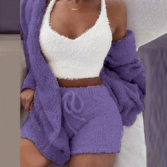 Women’s Fluffy Pajama Set – 3 Piece Cozy Loungewear