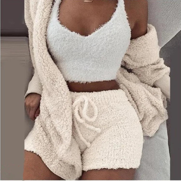 Women’s Fluffy Pajama Set – 3 Piece Cozy Loungewear