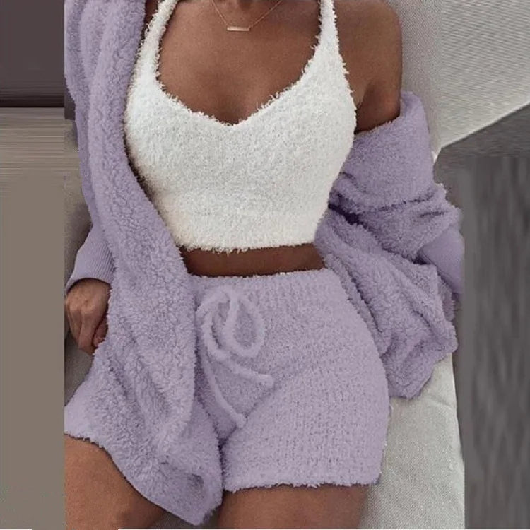 Women’s Fluffy Pajama Set – 3 Piece Cozy Loungewear